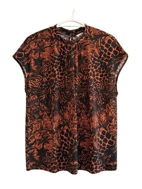 Cleo Black & Orange Patterned Mock Neck Blouse – Size Large NWT
